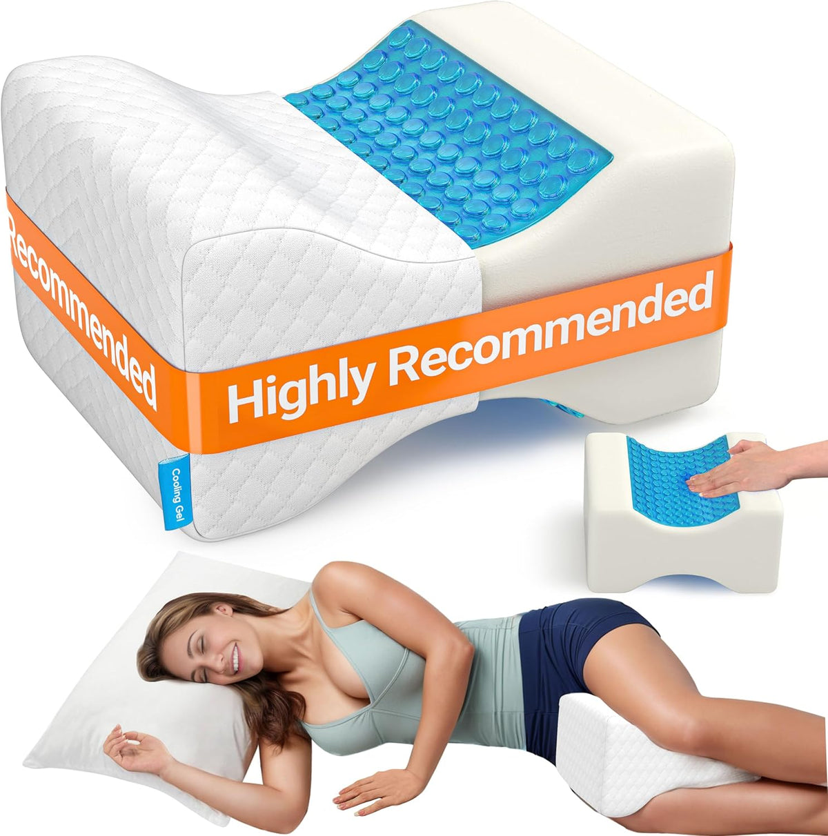 Cloudbliss Cooling Gel Knee Pillow for Side Sleepers, Memory Foam, White