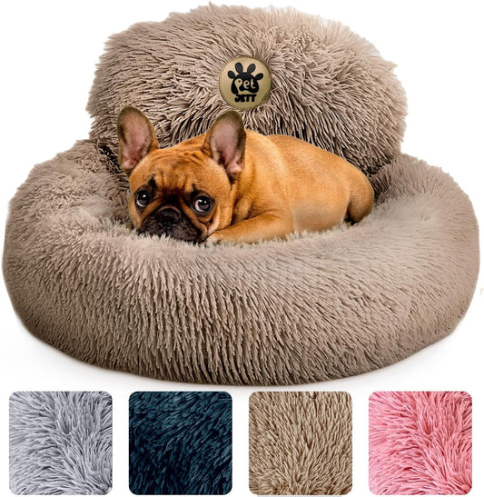 Petjett Calming Dog Beds for Small Dogs – 23" Donut Dog Beds, Anti-Slip & Washable Puppy Bed - Fluffy Plush Faux Fur Pet Bed, Anti-Anxiety Premium Comfort round Pillow, Fits Dogs up to 25 Lbs – Beige