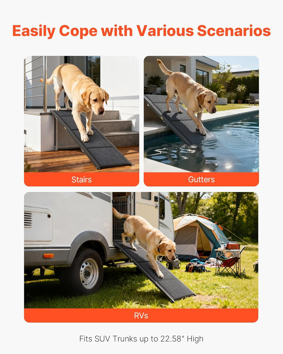 VEVOR Dog Ramp for Cars, 63" L X 17" W, Folding Pet Ramps for Medium & Large Dogs up to 250Lbs, Pet Stair Ramp with Non-Slip Felt Rug Surface, Portable Outdoor Dog Car Ramps for SUV & Truck
