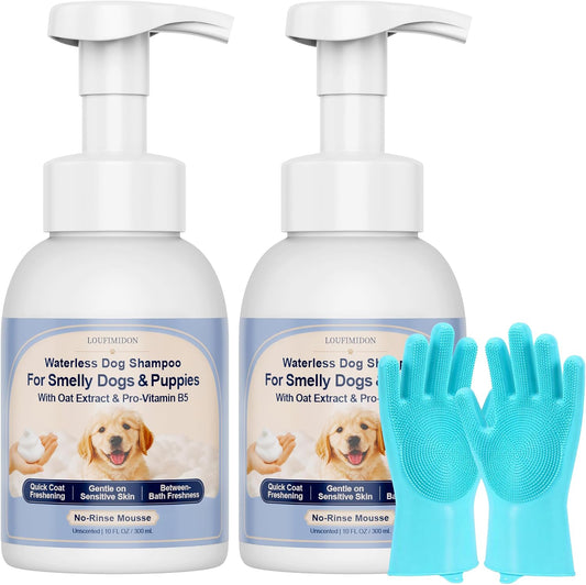 Waterless Dog Shampoo 2 X 9 Floz, Unscented No-Rinse Mousse with Glove