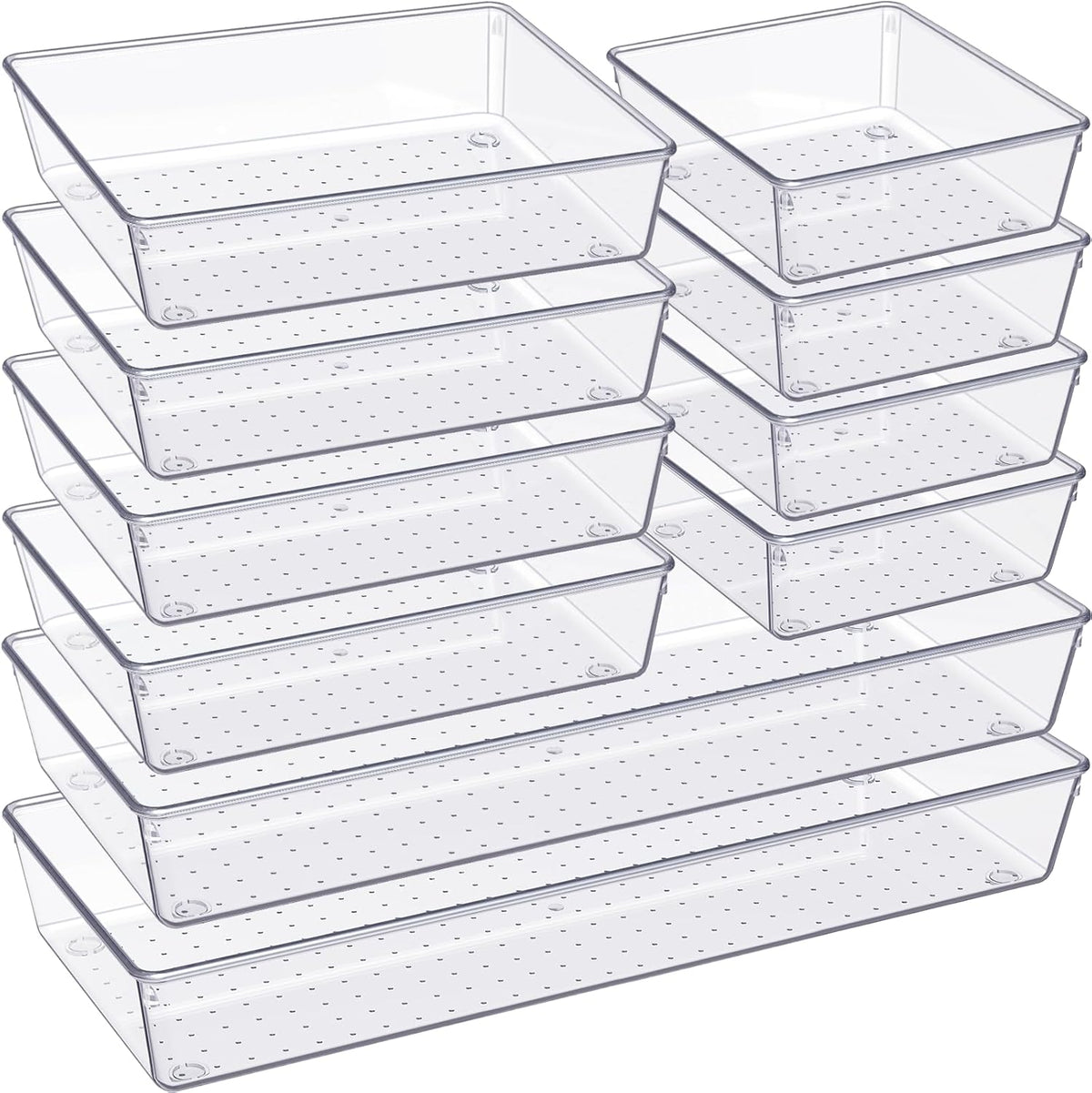 Criusia Drawer Organizer, 10 Pack Large Clear Plastic Set, 3 Size Versatile Bathroom and Vanity Organizer Trays, Storage Bins for Makeup, Bedroom, Kitchen Utensils