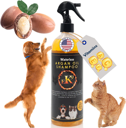 E3K9 Waterless Dog Shampoo 16 Oz - Argan Oil Scented Dry Shampoo for Dogs & Cats - No Rinse - Waterless Pet Shampoo for Grooming - Softens Coat & Controls Odor - Dog Dry Shampoo, Safe & Easy Bathing