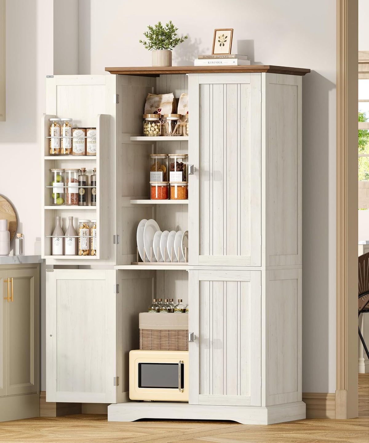 Akxomel 53.1" H Pantry Cabinet, Tall Bathroom Cabinet, 6 Door Shelves