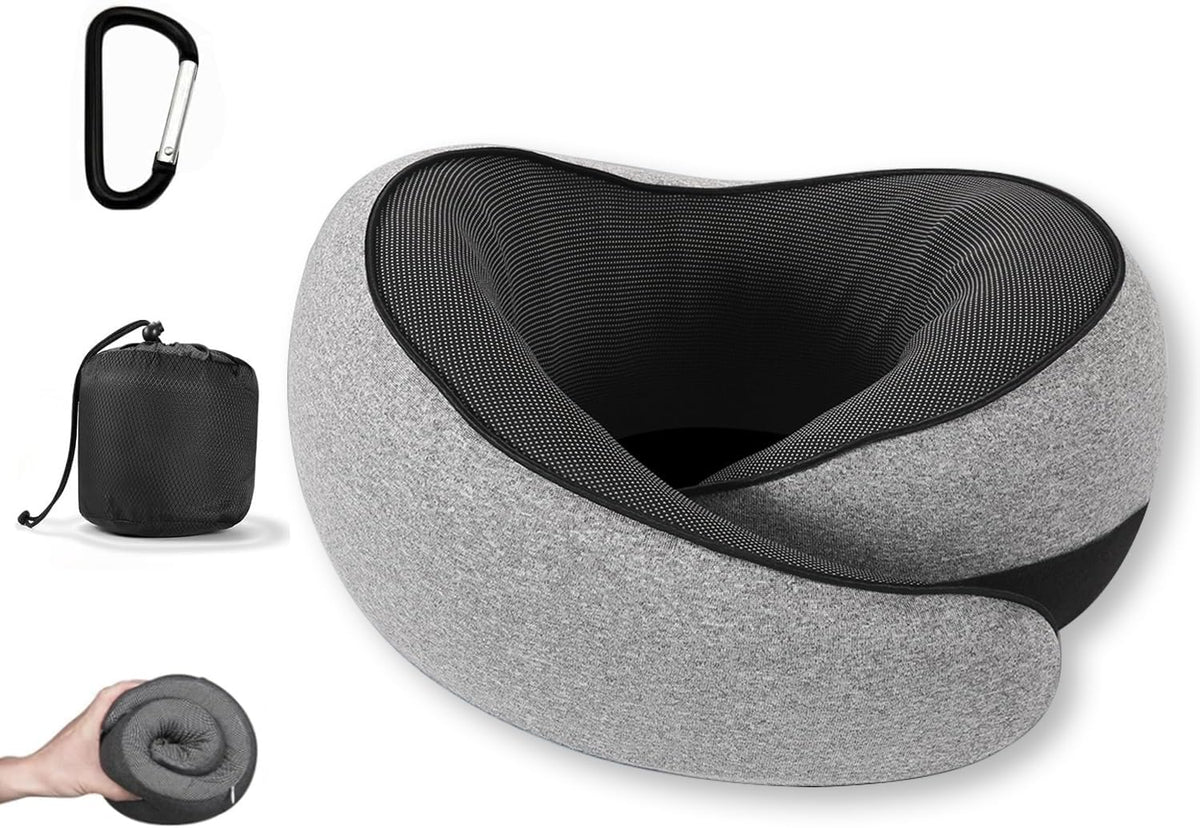 Travel Pillow, Memory Foam Neck Pillow for Airplanes, Washable Cover & Bag, Max Grey