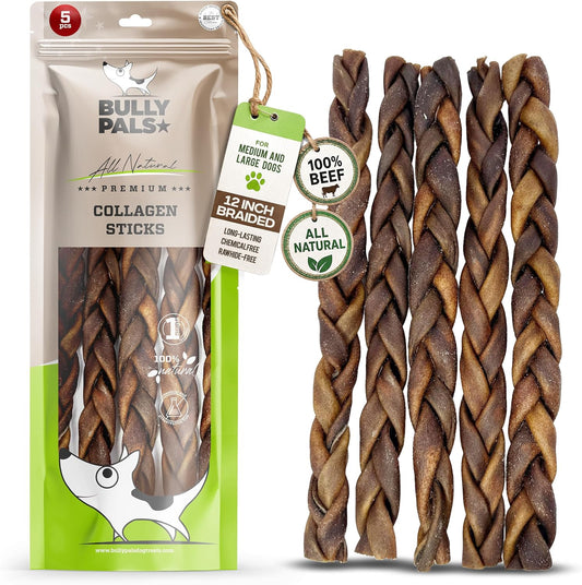 12 Inch Braided Beef Collagen Sticks for Medium & Large Dogs (5 Pack) - Long Lasting Dog Bones, Odor Free Bully Stick Alternative, Joint & Coat Support, Rawhide Free Beef Dental Chews