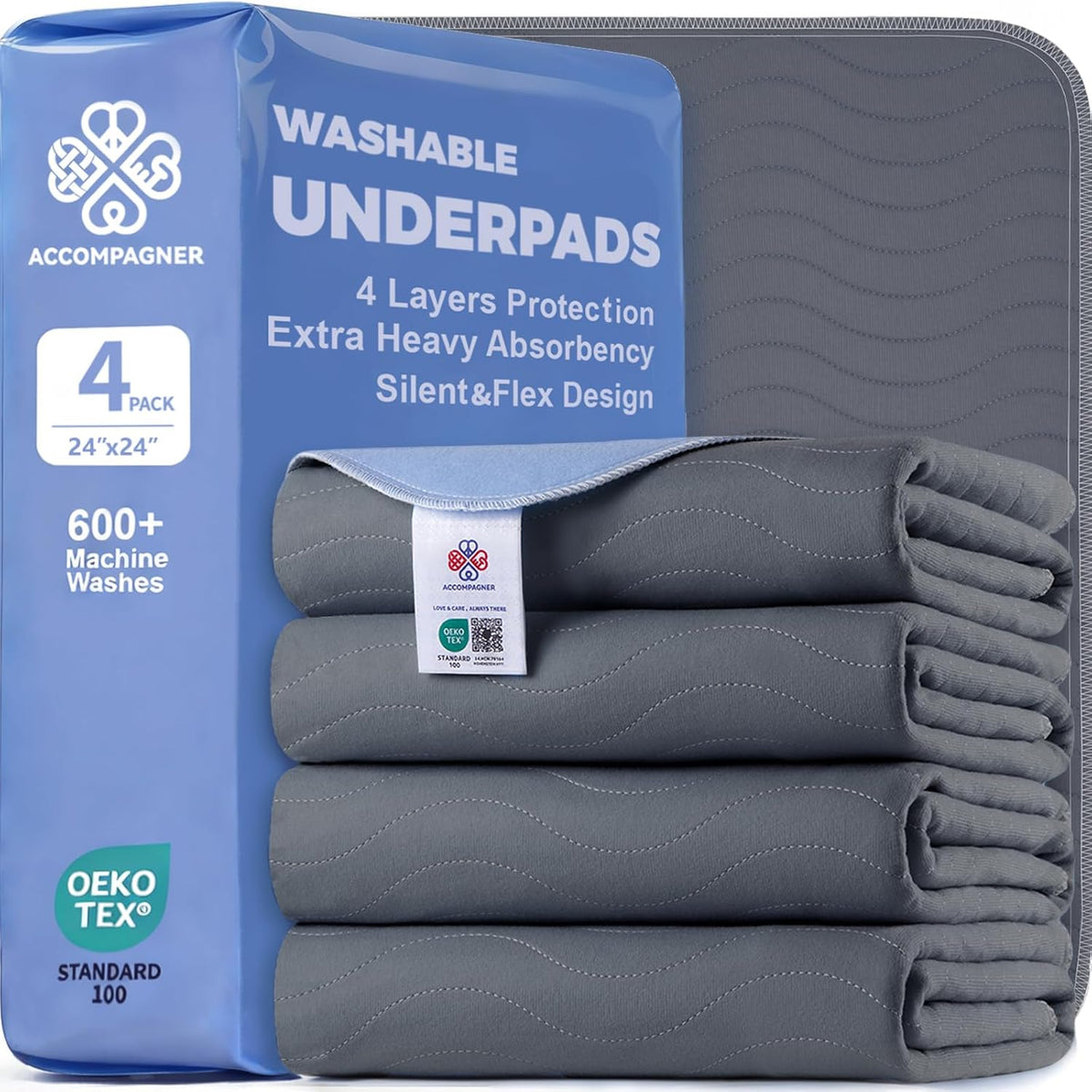 Accompagner Incontinence Bed Pads Washable Waterproof, Ultra-Absorbent Reusable Underpads for Diaper Changing, Nursing, Bedridden, Adults, Seniors, Kids and Dogs (Dark Gray, 24"X24"(Pack of 4))