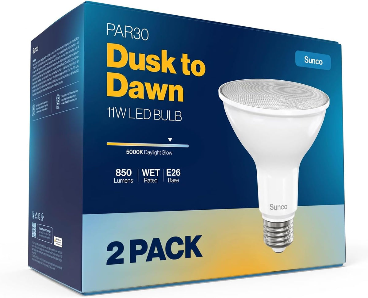 Sunco 2 Pack PAR30 LED Bulbs, Dusk to Dawn Flood Light, 11W, Non-Dimmable