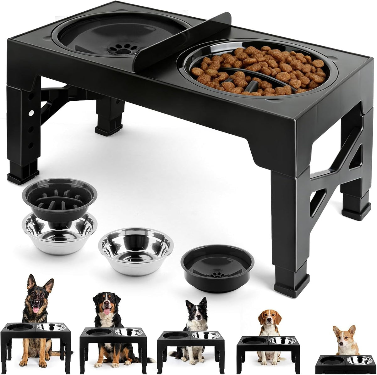 4-In-1 Elevated Dog Bowl Stand with Slow Feeder, 5 Adjustable Heights