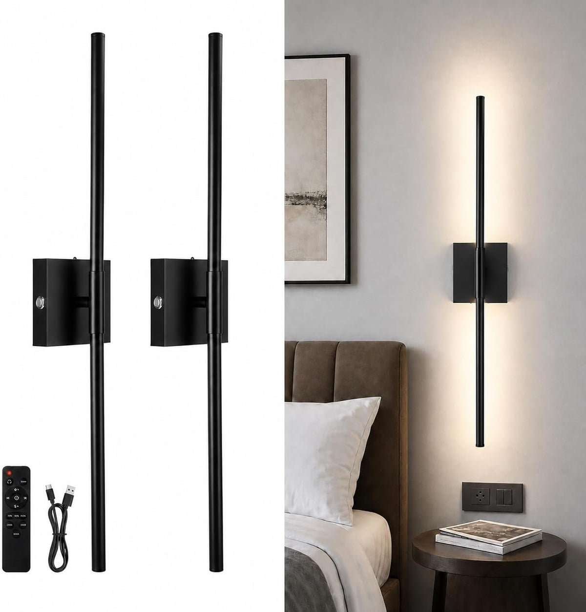 ARCWEISSO Black Battery Operated Wall Sconce with Remote Control 10000Mah