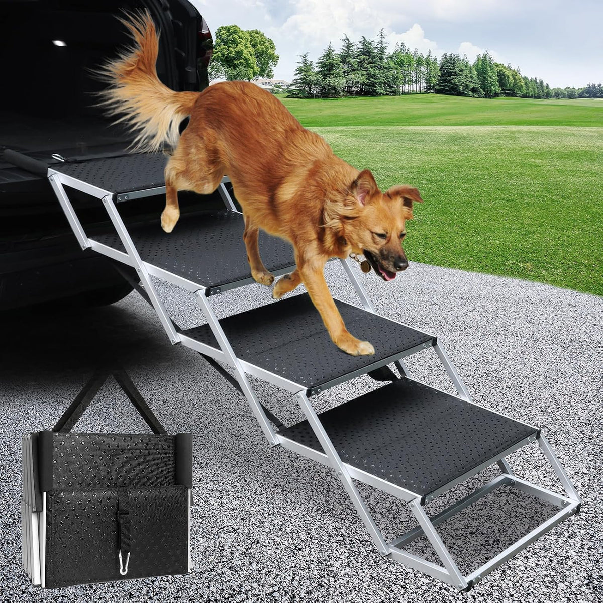 DGSL Folding Dog Stairs for Car, 16.9" Wide 4-Step Non-Slip Pet Steps