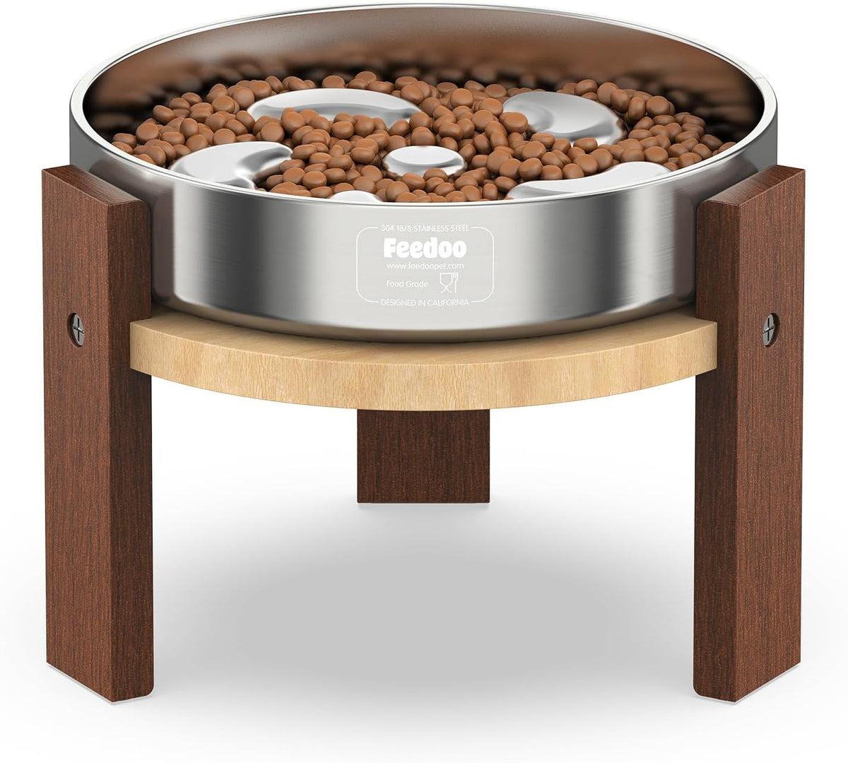Feedoo Elevated Dog Bowl Stand, 6'' Height Raised Stand for Medium Dogs, Includes 2Cups Stainless Steel Slow Feeder Dog Bowl, Durable Solid Hardwood