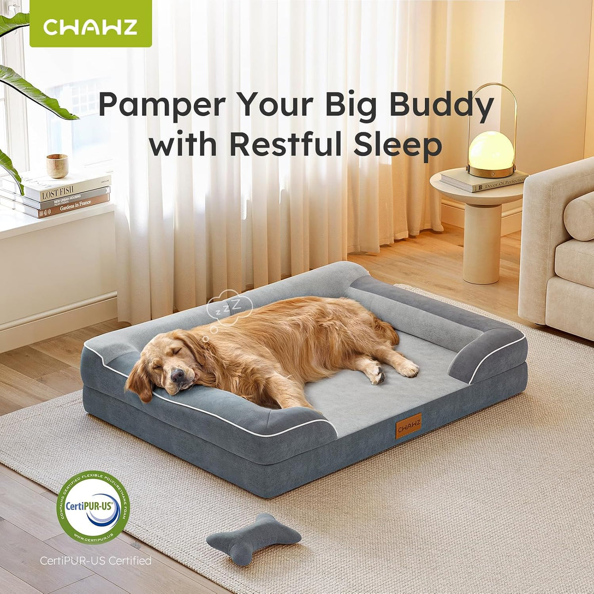 CWAWZ XXL Dog Bed for Extra Large Dogs, Giant Orthopedic Dog Beds with Cooling Gel Memory Foam, Waterproof Pet Bed with Removable Washable Cover, 53" Pet Sofa Bed Velvet with Bone Toy, Dark Gray