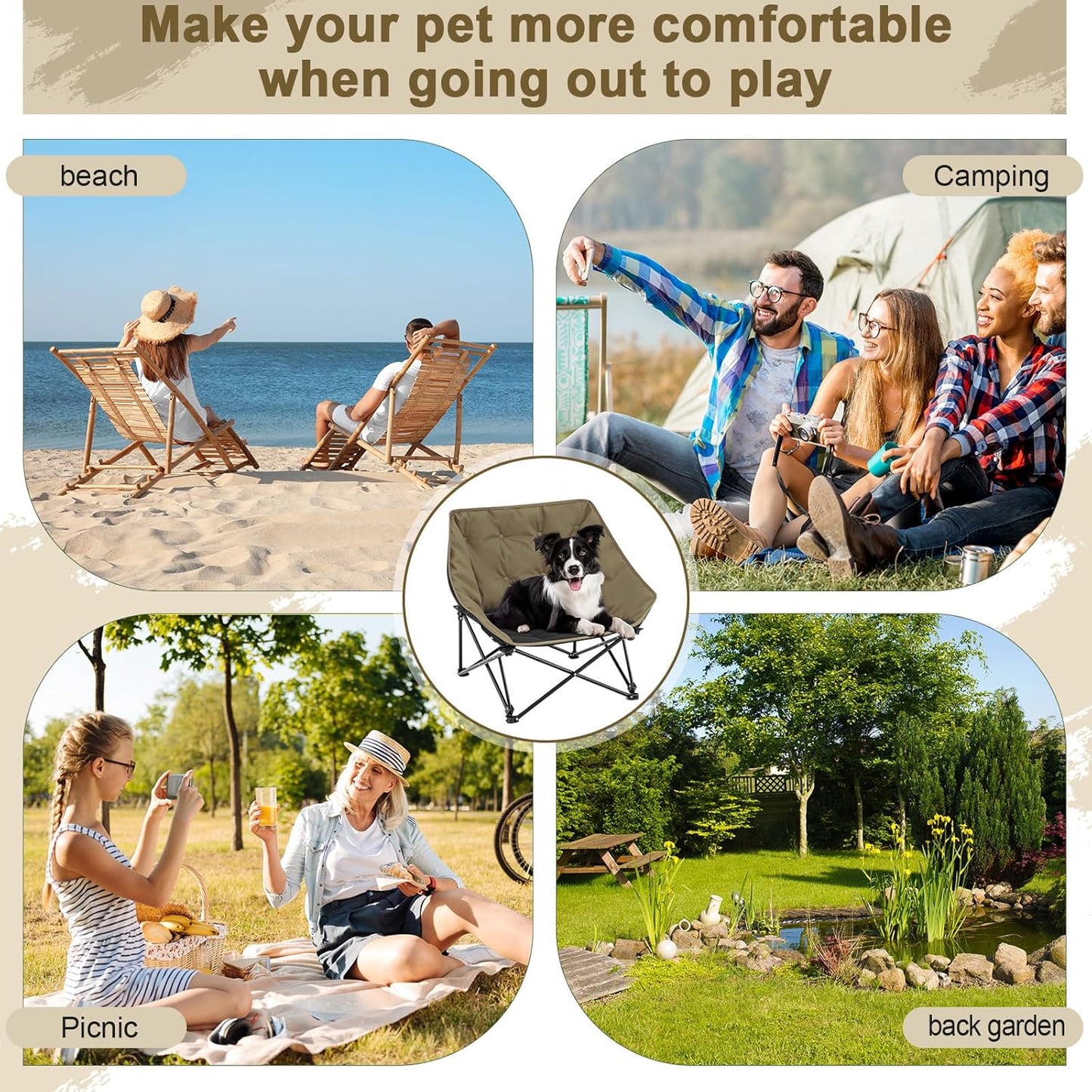 Croblissful Portable Dog Camping Chairs for Dogs Raised Pet Bed for Outdoor Folding Chair Patio Lazy Puppy Cot Heavy Duty Pet Camping Gear(28X 24 X 22 Inches,Brown)