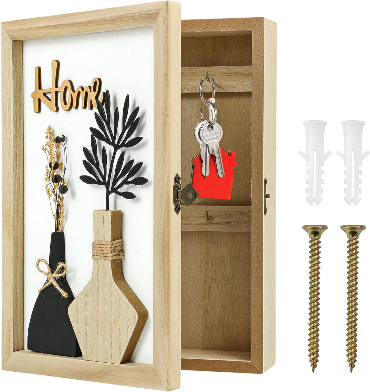 Hidden Key Holder for Wall - Wooden Key Box Wall Mount Decorative Cabinet with 6 Hooks, Rustic Beige Wood Keychain Organizer, Access Card Hangers Rack Storage for Home Entryway Hallway Office Decor