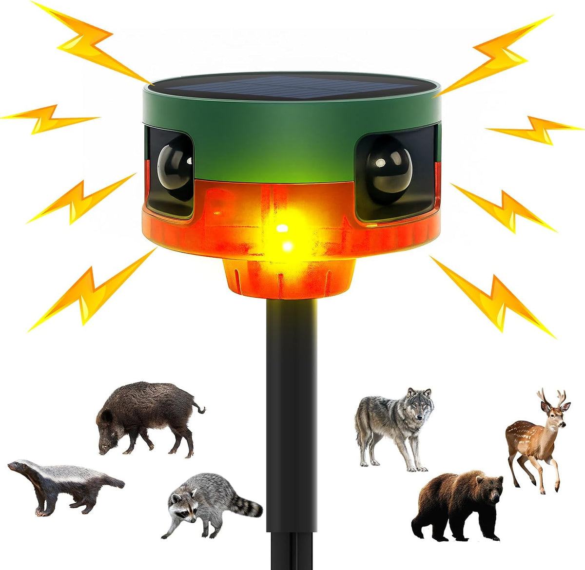 Solar Outdoor Motion Sensor Alarm, 130Db Dog Barking & Gunshot Sound, 13 Sounds, Strobe Light, Support Recording, Keeps Unwanted Animals Away from Yard, Garden, or Farm