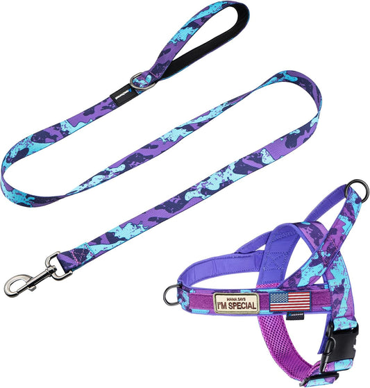 Annchwool No Pull Dog Harness with Padded Handle+5Ft Leash,Camopurple Set,L