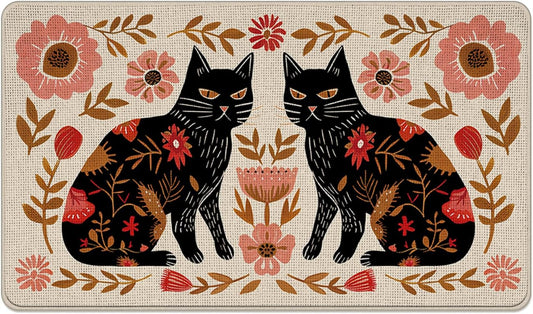 Black Cat Floral Welcome Front Door Mat, Vintage Flower Decorative