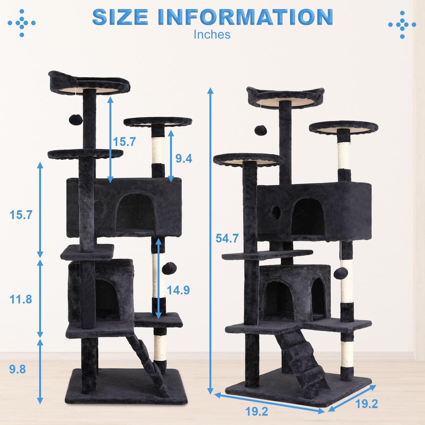FDW | 54" Cat Tree Tower | Dark Gray | Multi-Level Indoor Activity Center with Sisal Scratching Posts, Condos, Plush Perches, Hanging Cat Toys | Sturdy, Easy to Assemble | for Kittens & Adult Cats