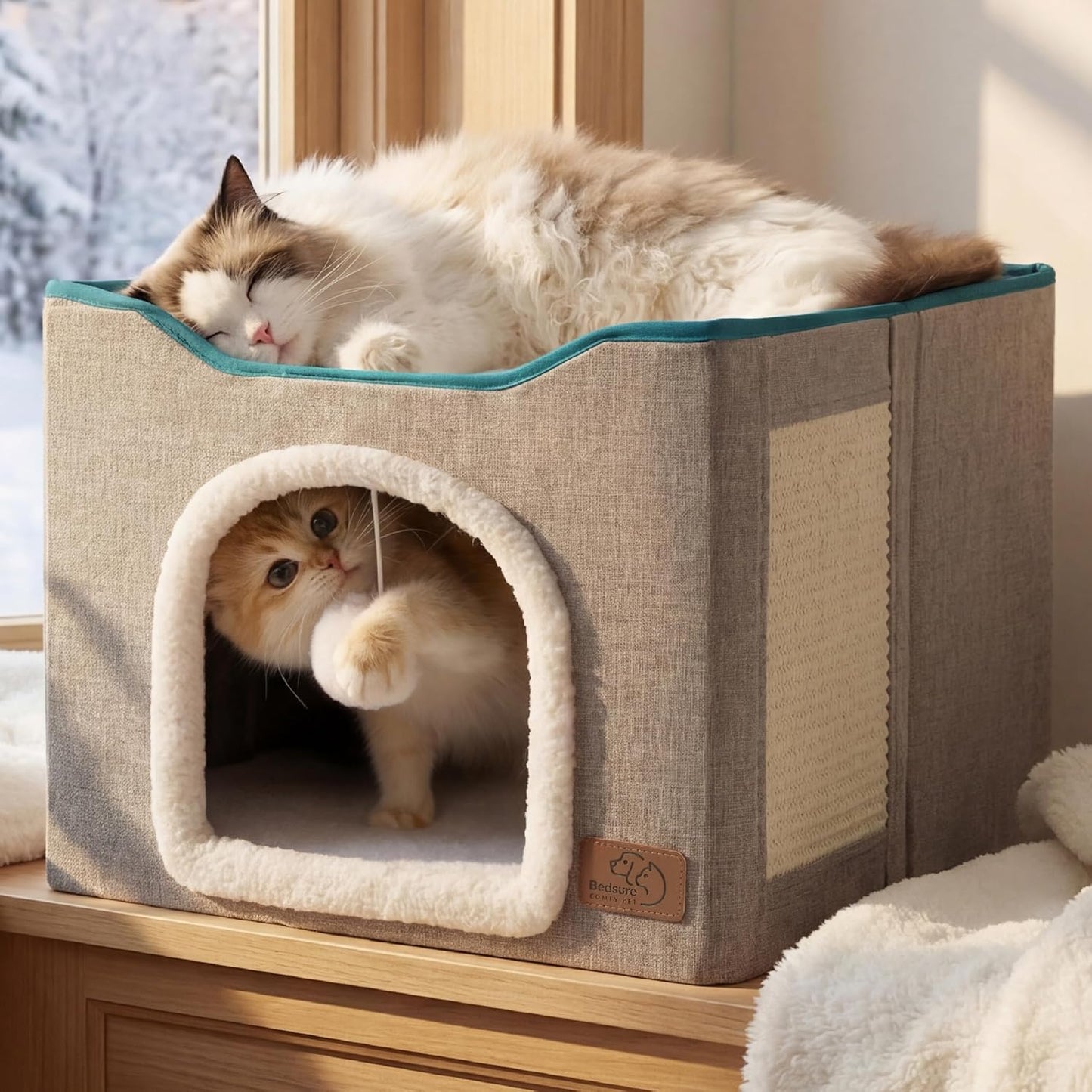 Bedsure Cat Beds for Indoor Cats - Large Cat Cave for Pet Cat House with Fluffy Ball Hanging and Scratch Pad, Foldable Cat Hideaway, 16.5X16.5X13 Inches, Grey