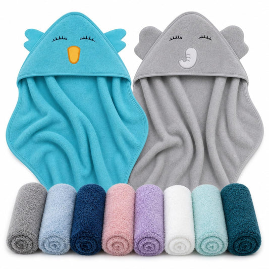 Cute Castle 2 Pack Hooded Baby Towel Rayon Made from Bamboo and 8 Washcloths - Lovely Elephant, Happy Bird