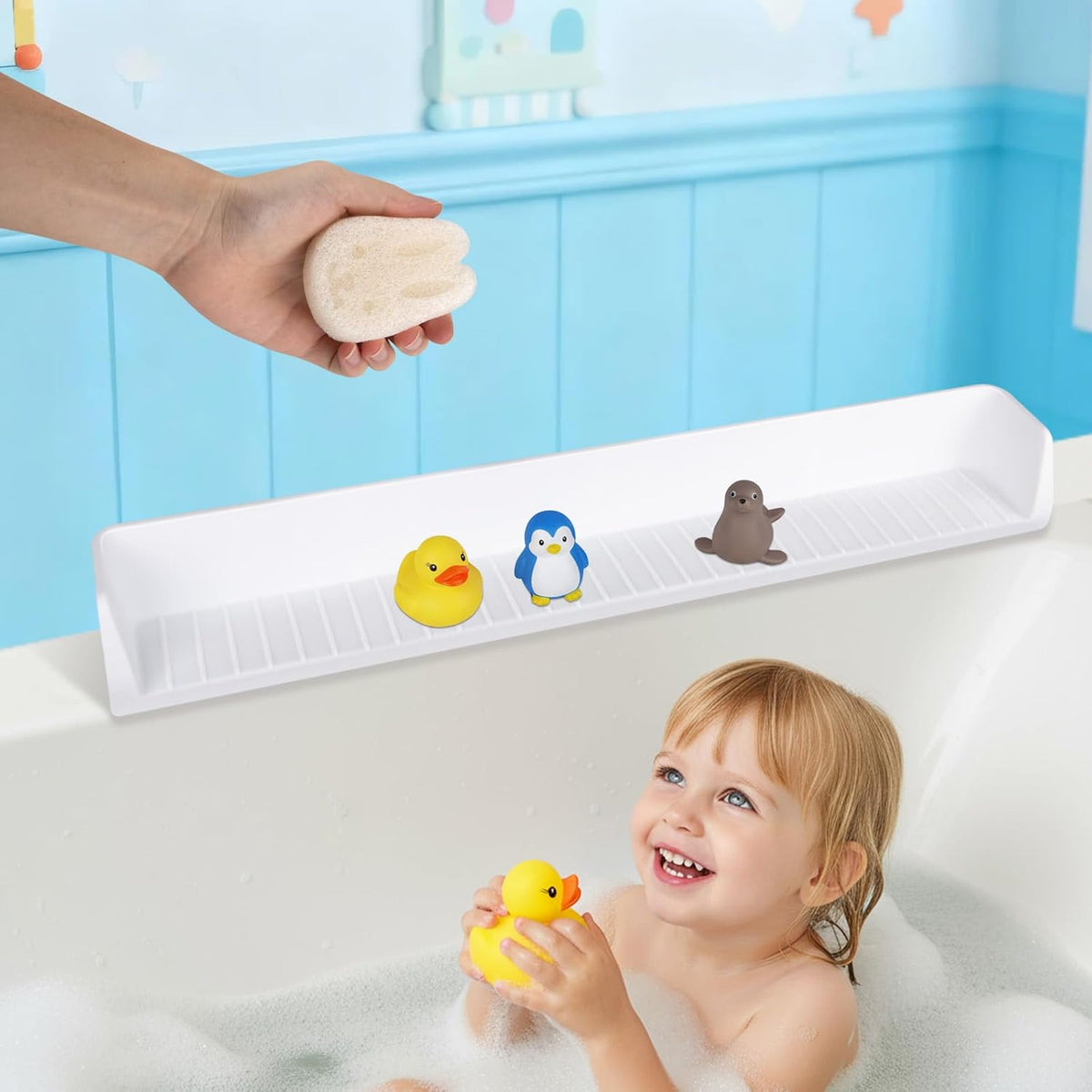 Bathtub Splash Guard for Tub Kids, 31 Inch White Bath Play Shelf, Longer Silicone Bathtub Guard Play with 11 Suction Cups, Toy Tray Caddy Holder for Tub,Water Leak & Splash-Proof, with 1Pc Bath Sponge