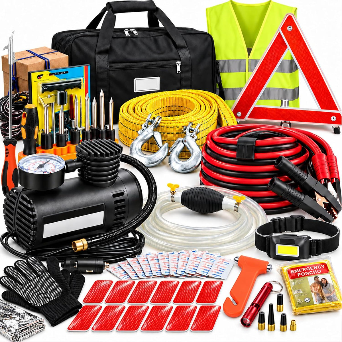 Car Roadside Emergency Kit, with Jumper Cables Automotive Kit,Car Safety Roadside Assistance Kit Headlamp,Tow Straps, Safety Hammers, Rainwear, Gloves.Black