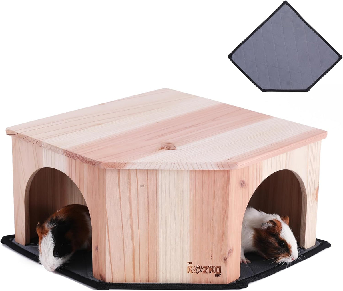 Wooden Guinea Pig Corner Hideout - Hidey for Chinchilla, Rat and Hedgehog with Pee Pad, Fully Assembled & Dual Entrances - Guinea Pig Accessories by the Kozko Hut