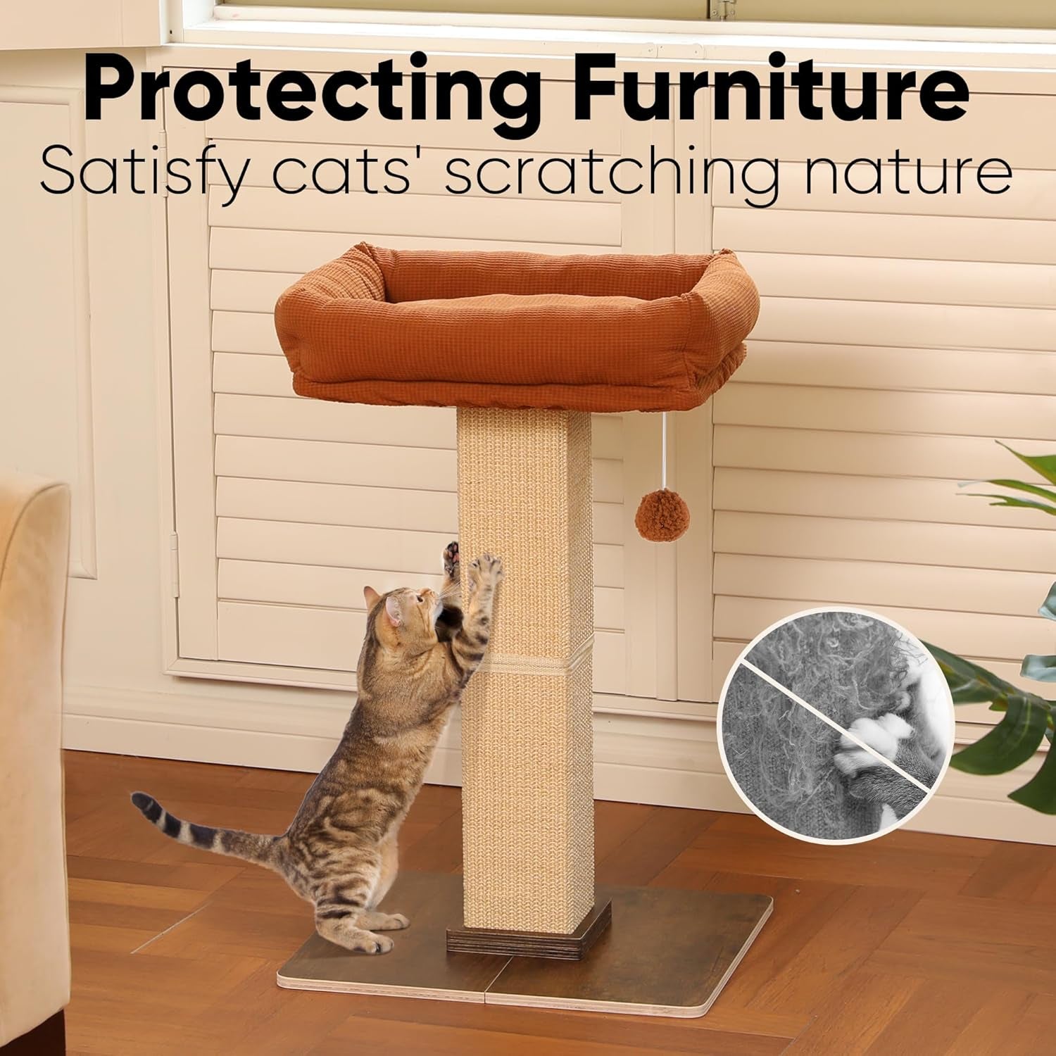 FUKUMARU Cat Scratching Post, Retro-Style Tall Scratch Posts with Perch for Infoor Cats Adults, Large Cat Scratcher Tower with Bed, Natural Sisal & Solid Wood
