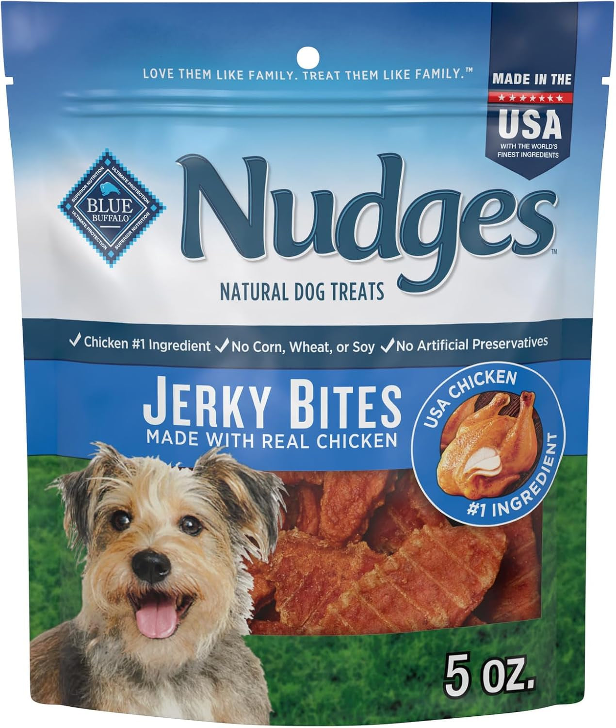 Blue Buffalo Nudges Jerky Bites Dog Treats, Made in the USA with Natural Ingredients, Bite-Sized Pieces, Chicken, 5-Oz Bag