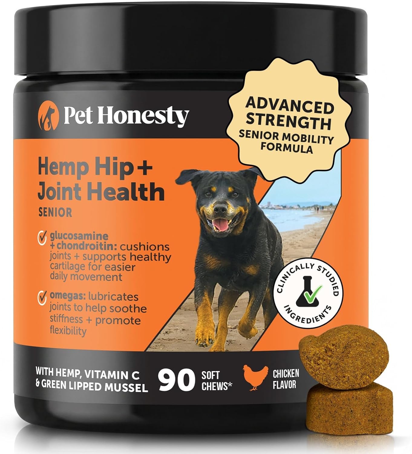 Senior Hemp Hip and Joint Supplement for Dogs - Glucosamine Chondroitin, MSM & Green Lipped Mussel - Relief for Joint Stiffness, Advanced Strength Mobility Support for Senior Dogs (Chicken, 90 Ct)