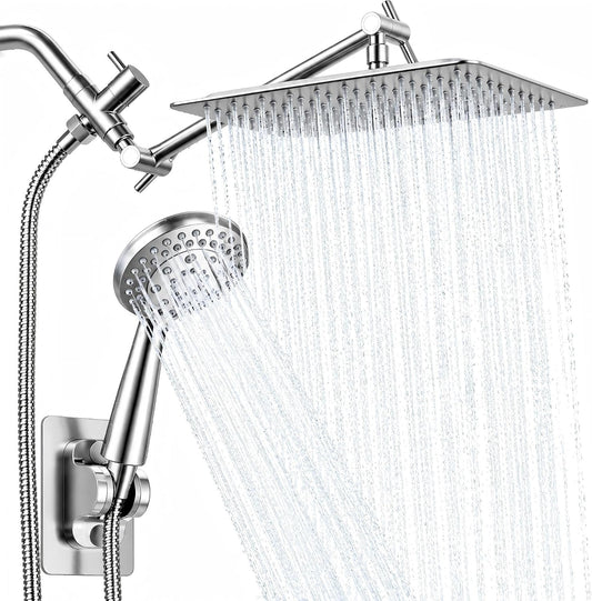 Shower Head with Handheld Spray, 8" High Pressure Rain Shower Head Combo with Adjustable Extension Arm, 5 Spray Modes Dual Showerhead Set, Detachable Handheld Shower, 304 Stainless Steel, Chrome