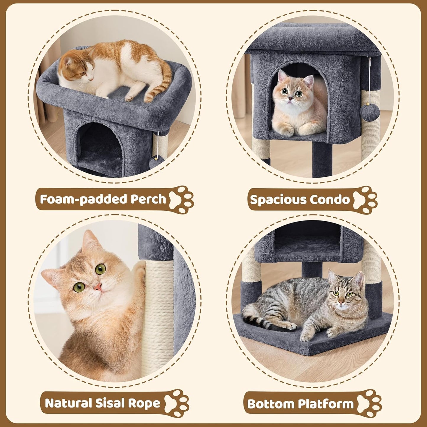 Yaheetech 23.5In Cat Tree – Sturdy & Stable, Space-Saving 3-Level Cat Tower with Plush Perch, Condo, Sisal Scratching Posts & Dangling Ball, Perfect for Apartments, Dark Gray