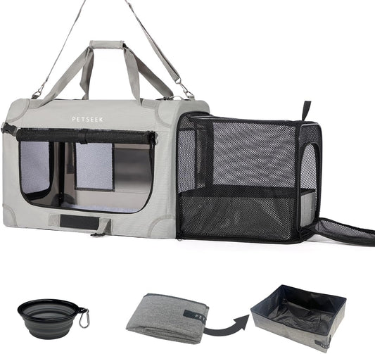 Extra Large Expandable Cat Carrier Soft Sided for Car, Portable Small Dog Carrier for 2 Cats, 24"X16.5"X16" Road Travel Folding Comfortable Design with Litter Box and Bowl