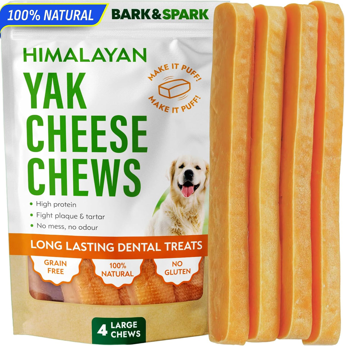 BARK&SPARK Himalayan Yak Dog Chews for Large & Medium Dogs - 4 Large