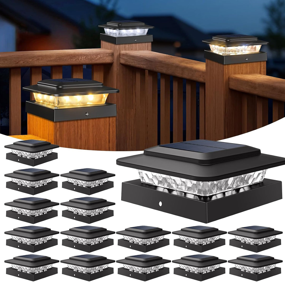 Kolpop 4X4 Solar Post Cap Lights Outdoor 16Pack- 3 Color Temperatures& 2 Level Brightness, IP65 Waterproof, 16 LED Black Fence Deck Post Light Solar Powered for 4×4/3.5×3.5 Wood/Vinyl Posts