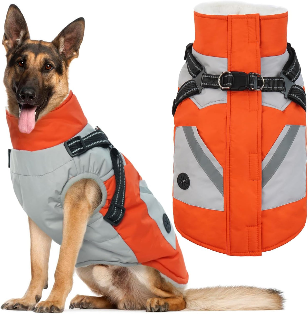 Dog Coat for Large Dogs, Orange, X-Large - Waterproof Winter Fleece Jacket with Harness, Turtleneck, Reflective Straps, Zipper Closure