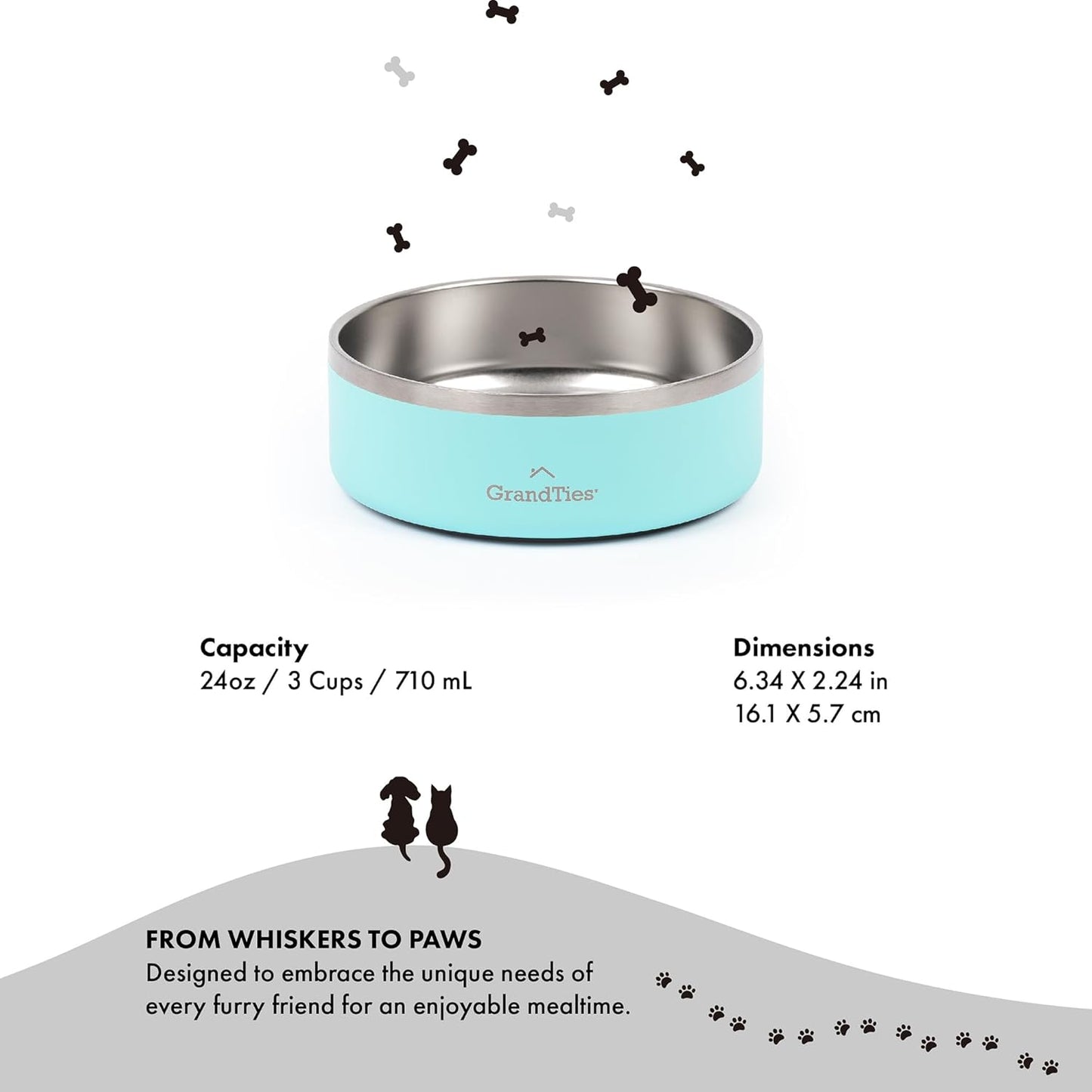 Grandties Stainless Steel Engraved Pet Bowl | Reusable Bpa-Free Insulated Pet Bowls | Large Heavy Duty Non Skid Spill Proof Dog Bowl | Outdoor Water Bowl (24Oz, Powder Green)