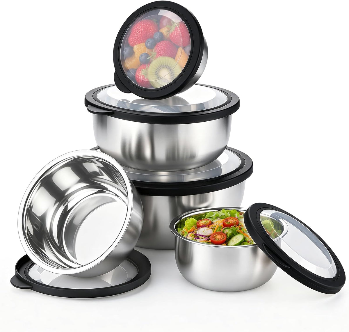 E-Far Mixing Bowls with Lids Set of 5, Stainless Steel Nesting Salad Bowls