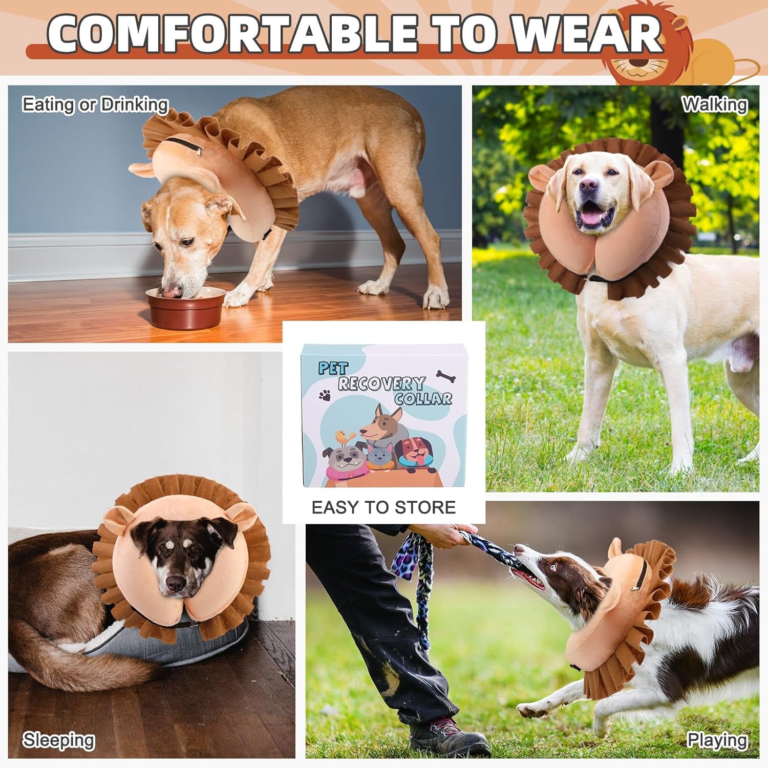 KOOLTAIL Inflatable Dog Cone Collar, Soft Donut E Collar for Dogs after Surgery to Stop Licking Enhanced Alternative, Blow up Pet Neck Pillow Recovery Adjustable Cone for Dog Cat, Lion M