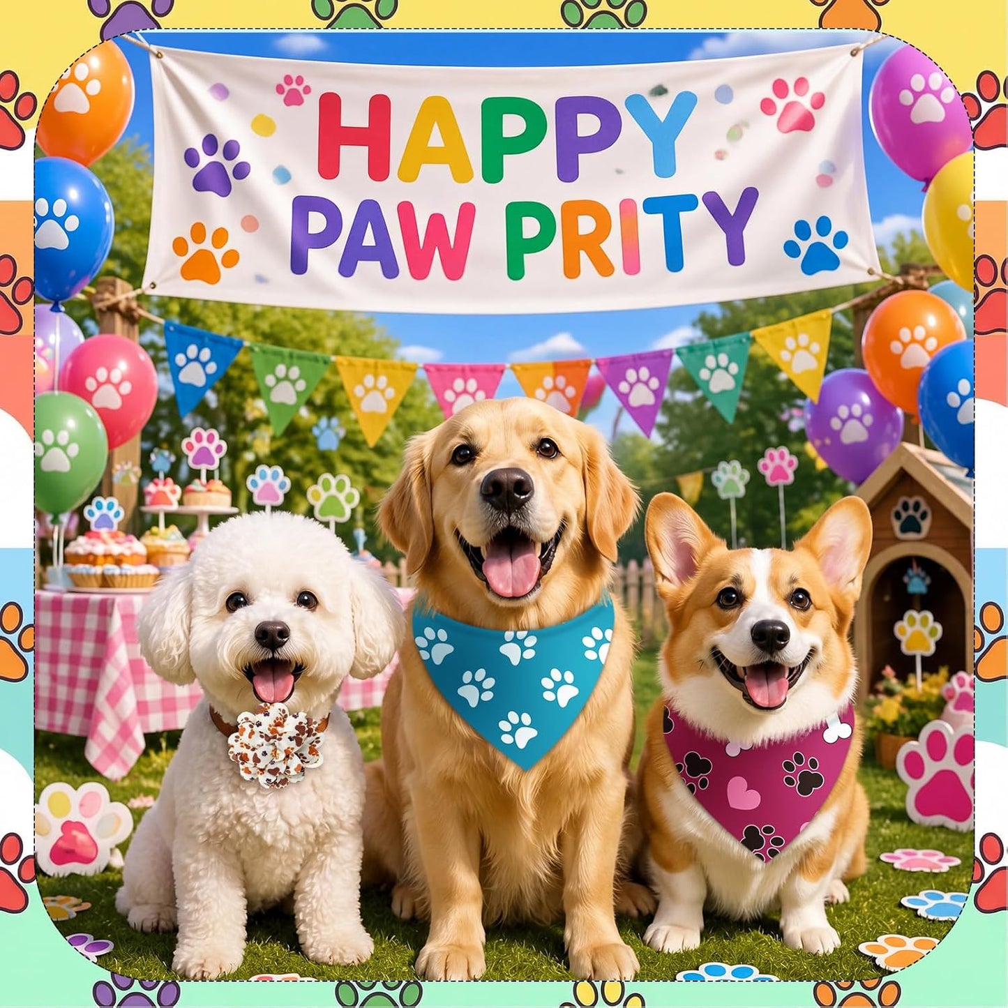 Huhumy 100 Pack Paw Print Dog Bandanas & Flowers, Cute Dog Paw Pattern Scarf Set, Photo Props & Grooming Accessories for Groomers, Pet Shops & Multi-Dog Families, 25 Styles