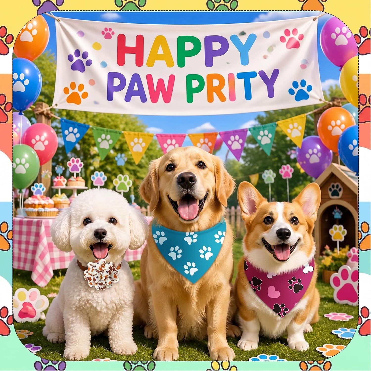 Huhumy 100 Pack Paw Print Dog Bandanas & Flowers, Cute Dog Paw Pattern Scarf Set, Photo Props & Grooming Accessories for Groomers, Pet Shops & Multi-Dog Families, 25 Styles