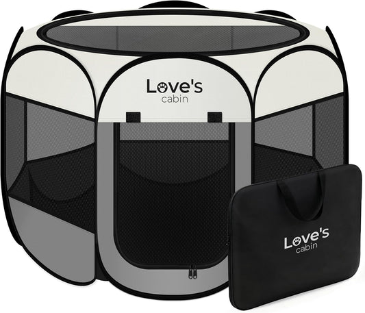 Love'S Cabin Pet Puppy Dog Playpen, Small Dog Tent Crates Cage Indoor/Outdoor, Portable Playpen for Cat, Foldable Pop up Dog Kennel Playpen with Carring Case, Removable Zipper Top, Grey
