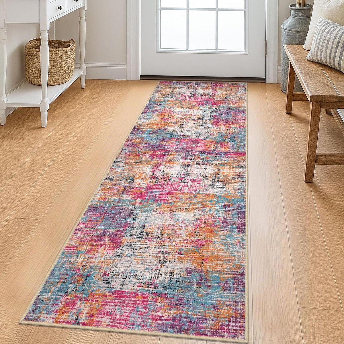 KILOCOCO Abstract Runner Rug 2X6 Ft Washable Hallway Runner, Pink/Blue