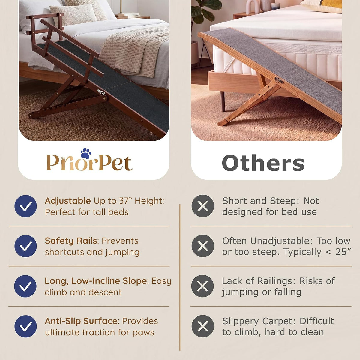 Dog Ramp for Bed - PRIORPET Birchwood Adjustable Ramp for Dogs to Get on Bed: Dog Ramps for High Beds up to 37 Inches – Foldable Ramp, Anti-Slip Grip & Safety Rails, Small Dogs up to 120Lbs – Walnut