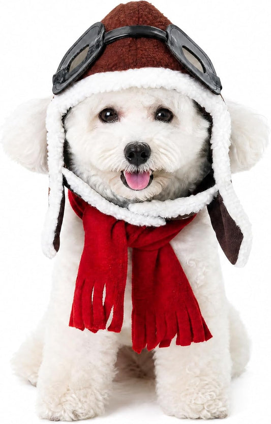 2 Pcs Dog Aviator Hat Scarf Set, Halloween Pet Costume