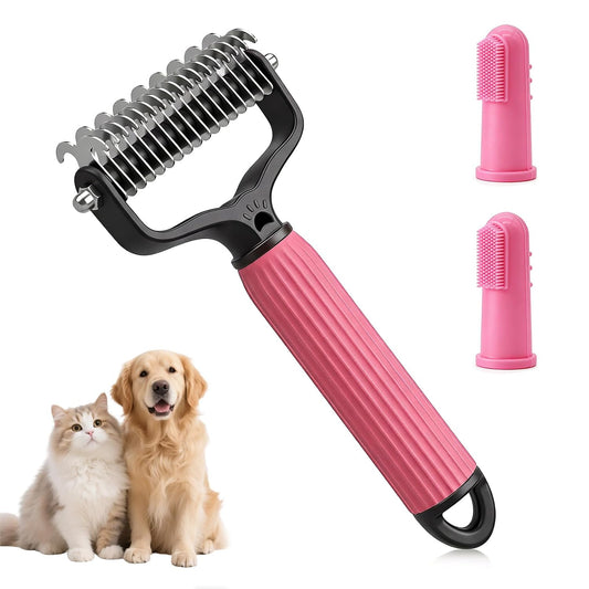 Pet Deshedding Brush & Dematting Comb Set with 2 Cleaning Toothbrushes (Pink)