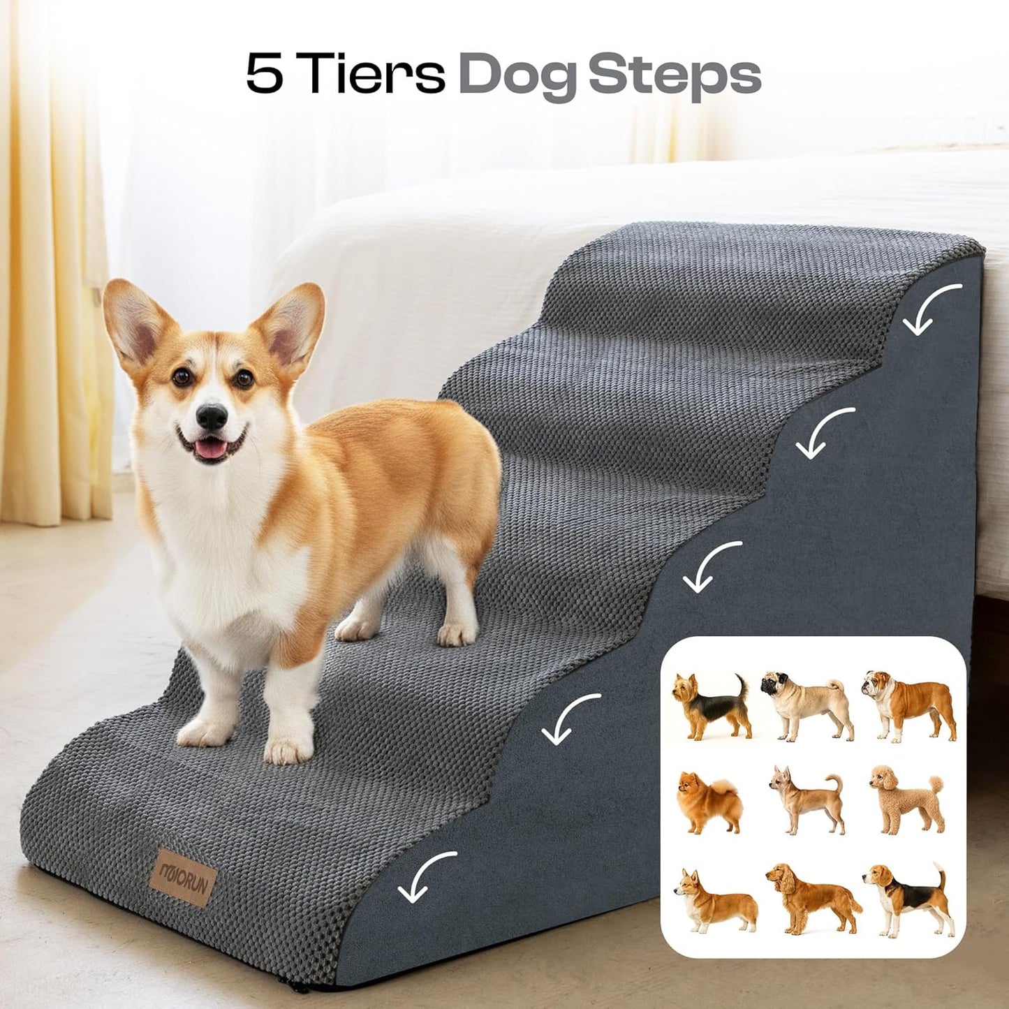 Extra Wide Dog Stairs for Large Dogs up to 80Lbs, 25" Pet Steps for High Bed with Washable Cover, 5-Step Foam Bed & Couch Ladder for Small Medium Dogs & Senior Cat, Gray