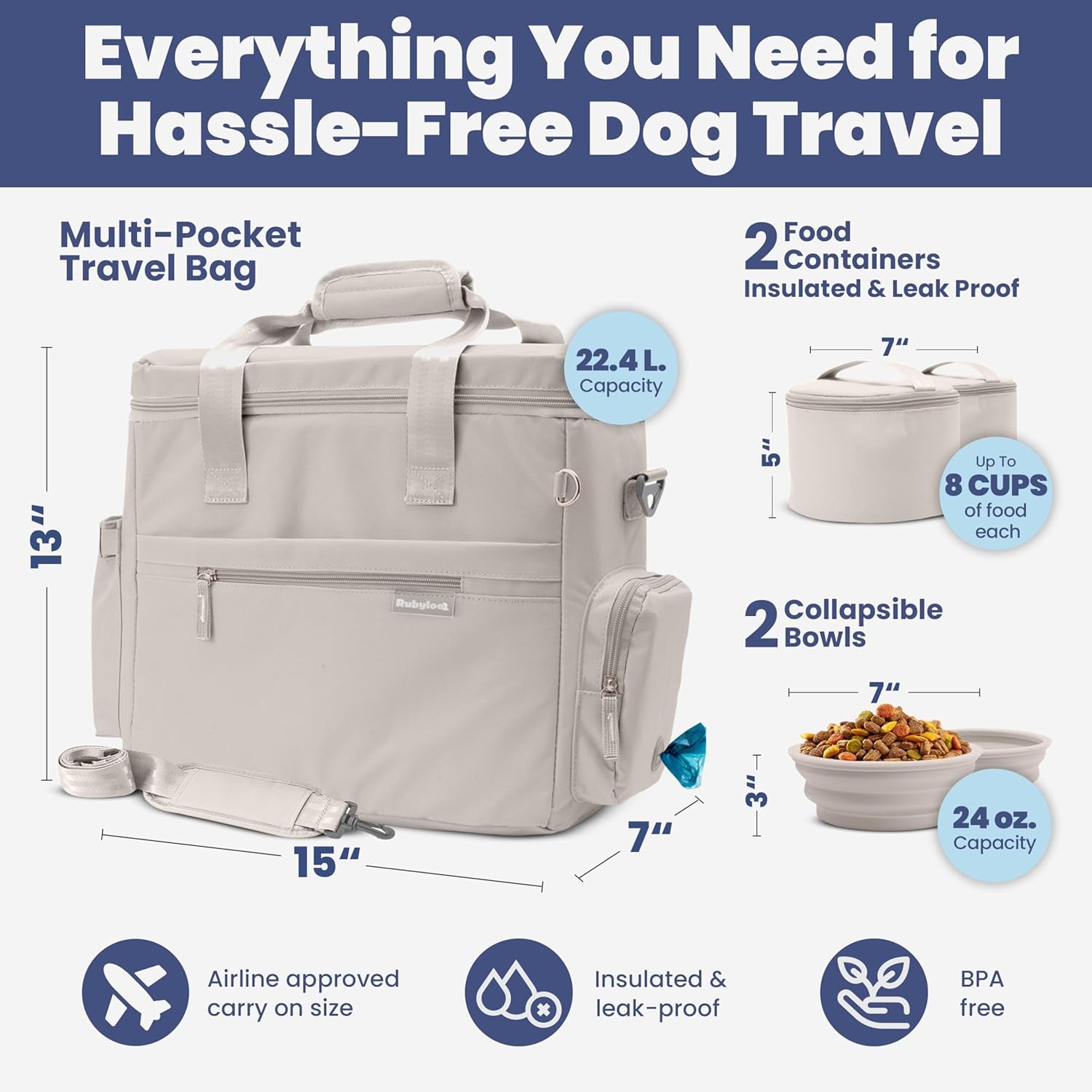 The Original Doggy Bag™ - Complete Dog Travel Bag for Supplies with 2 Bpa-Free Travel Dog Bowls & 2 Pet Food Containers - Traveling Kit for Road Trips, Camping, Weekend Away or Doggy Gift: Beige