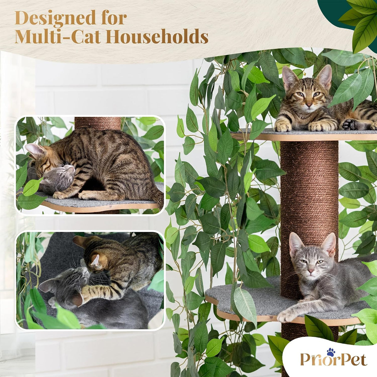 Cat Tree with Leaves – Stable & Space-Saving Design – 4 Scratch Levels & 5 Scratching Posts – for Climbing, Hiding and Sleeping – Easy to Assemble – Durable Cat Trees for Indoor Cats – Natural Look
