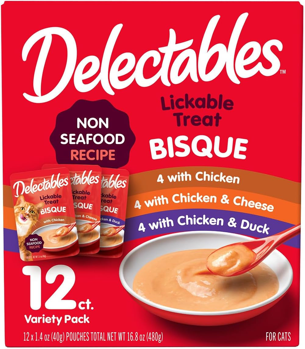 Delectables Lickable Treat Bisque Non-Seafood Wet Cat Treat Variety Pack, Food Topper, Hydrating, Grain-Free, No Fillers, No By-Products, No Added Preservatives, 1.4Oz Pouch, 12Ct